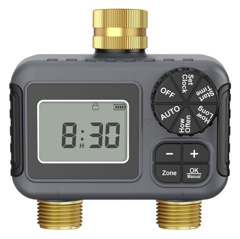 SGW06M Water Timer for Garden Hose Brass Inlet and Outlets - 2 Zone Sprinkler Timer with Rain Delay/Manual Watering/Automatic Irrigation for Yard Lawn