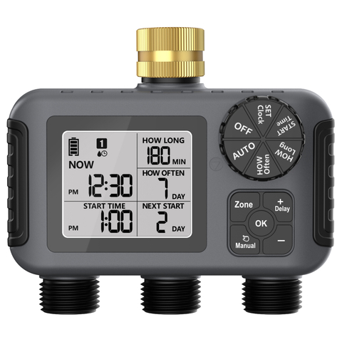 2025 Ne Water Timer with Dial 3 Outlets, Hose Watering Sprinkler Timer, with 3 Independent Watering Zone LCD Display Rain Delay Mode Manual Mode 360° Brass Inlet Metal Filter