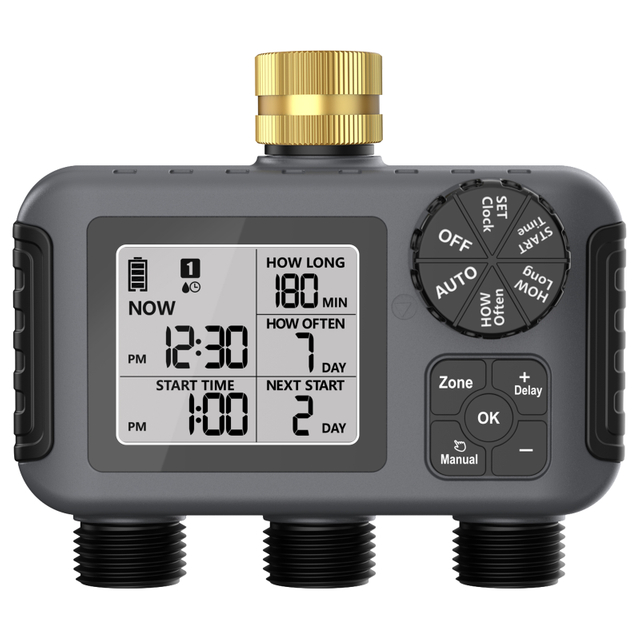 2025 Ne Water Timer with Dial 3 Outlets, Hose Watering Sprinkler Timer, with 3 Independent Watering Zone LCD Display Rain Delay Mode Manual Mode 360° Brass Inlet Metal Filter