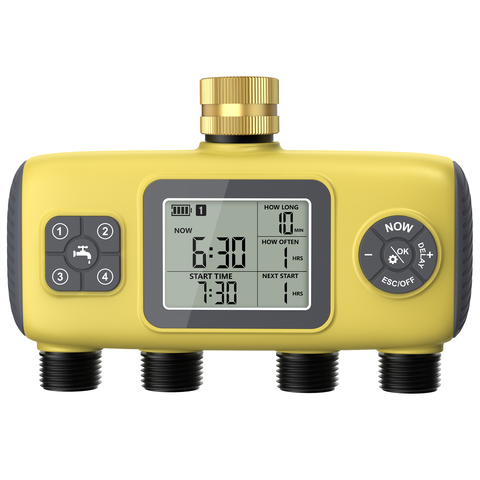 2025 New Water Timer 4 Outlets Hose Watering Sprinkler Timer, with 4 Independent Watering Zone LCD Display Rain Delay Mode Manual Mode 360° Brass Inlet Metal Filter IP55 Waterproof for Yard