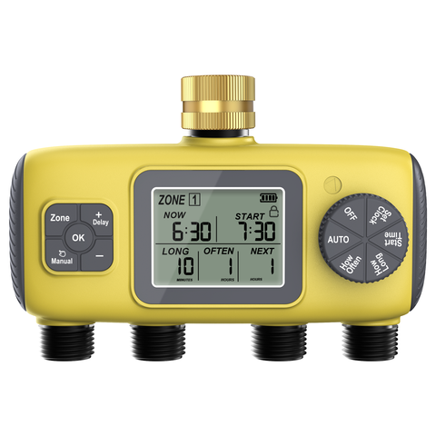 Inhocon Water Timer 4 Outlets Hose Watering Sprinkler Timer, with 4 Independent Watering Zone LCD Display Rain Delay Mode Manual Mode 360° Brass Inlet Metal Filter IPX6 Waterproof for Yard