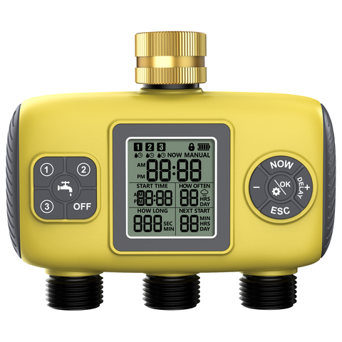 Inhocon Water Timer, 3 Outlets, Hose Watering Sprinkler Timer, with 3 Independent Watering Zone LCD Display Rain Delay Mode Manual Mode 360° Brass Inlet Metal Filter, IPX6 Waterproof for Yard Watering