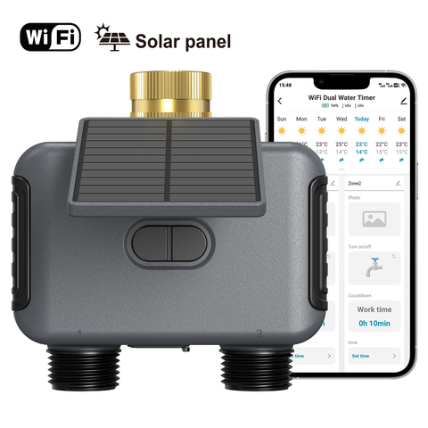 Solar WiFi Sprinkler Timer 2000mAh Dual Outlet Water Timer for Garden Hose End Timer with Brass Inlet USB-C Charging